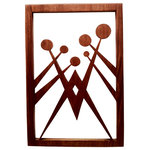 Frederick Arndt Artworks LLC - Atomic Disks in Space Fretwork - This is a wonderful mid-century modern inspired fretwork made out of mahogany hardwood. It measures 14.5" high x 9.5" wide x 1/2" thick. It comes with a wall hanging bracket already attached. It has been clear coated to ensure a long lasting quality finish. This piece would make a great addition to any modern home. This item is made-to-order, and as such, it is subject to lead times of 4-7 weeks.