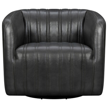 Aries Leather 45-Degree Return Swivel Barrel Chair, Pewter