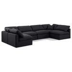Meridian Furniture - Indulge Upholstered Modular U-Shaped Sectional, Black, 6-Piece: 4 Armless Chair, 2 Corner Chair, Down Stuffed Linen Textured Fabric - Experience ultimate comfort and style with our black linen textured fabric Indulge Sectional. The luxurious linen texture of the fabric will elevate the aesthetic of any room. This sofa provides ample space for you to relax while its modular build offers the option of unlimited configurations. Whether you're looking to add a stylish element to your living room or a comfortable seating option to your bedroom, this sofa is the perfect choice.