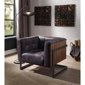 Bowery Hill Top Grain Leather Accent Chair in Antique Ebony and Rustic Oak