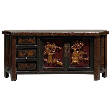 Chinese Distressed Brown Golden Flower Motif TV Console Table Cabinet Hcs6127
