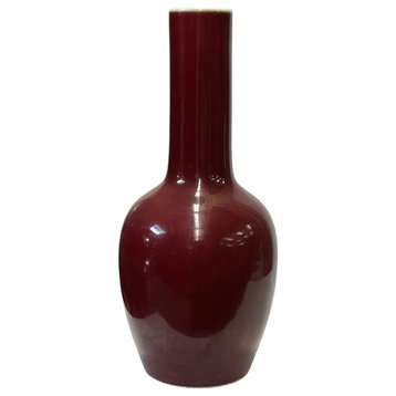 Chinese Vintage Brick Red Round Long Neck Porcelain Art Vase Hws3405