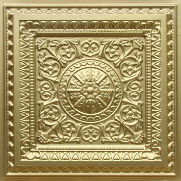24"x24" D223 PVC Faux Tin Glue-up Ceiling Tiles Made of PVC, Set of 6, Brass