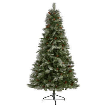 7' Snowed French Alps Mountain Pine Faux Xmas Tree W/Bendable Branches, Pinecone