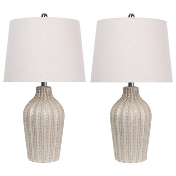 23.5" Sand-Colored Ceramic Table Lamp With Oatmeal Linen Shade, Set of 2