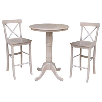 30" Round Pedestal Bar Height Table With 2 X-Back  Bar Height Stools