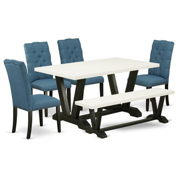 East West Furniture V-Style 6-piece Wood Dining Set in Black/Mineral Blue
