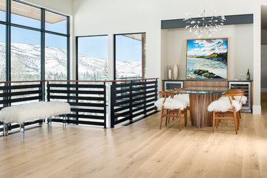 Kitchen/dining room combo - large contemporary light wood floor kitchen/dining room combo idea in Denver with white walls and no fireplace