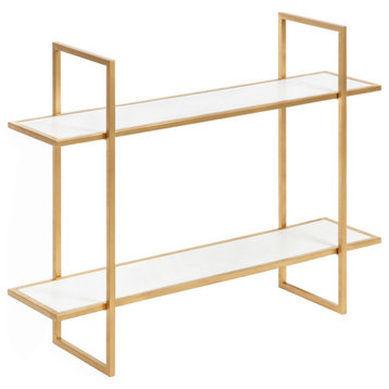 Leigh Wood and Metal Wall Shelf, White/Gold 30x24
