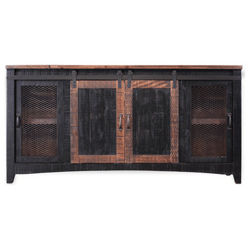 68" Black Solid Wood Cabinet Enclosed Storage Distressed TV Stand