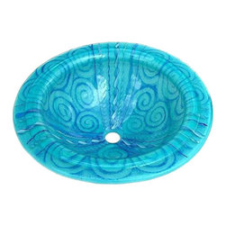 Mark Ditzler - Glass Bathroom Sink | Light Aqua with Blue Canes - Bathroom Sinks