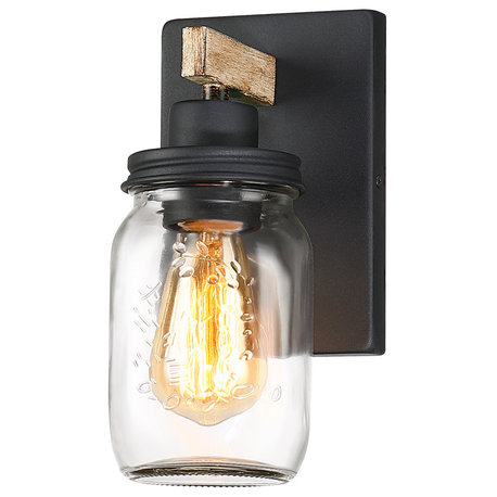 10" H 1-Light Black/Wood Tone Wall Sconce With Clear Mason Jar Glass Shade