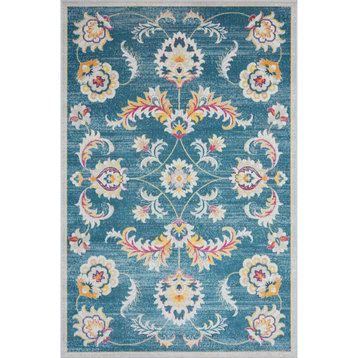Traditional Floral Boho-Chic Woven Indoor Outdoor Rug, 5'3"x7'10"