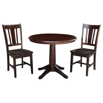 36" Round Top Pedestal Table With 2 San Remo Chairs, 3-Piece Set, Rich Mocha