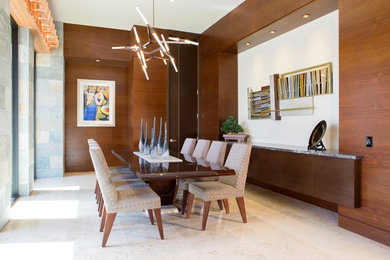 Design ideas for a large modern separate dining room in Phoenix with white walls, limestone floors and beige floor.