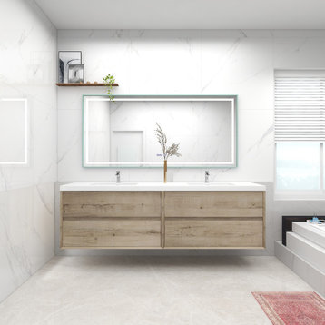 Kody 84" Double Sink Wall Mounted Vanity, Acrylic Sink, Light Oak, Glossy White Top