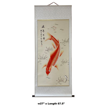 Chinese Fengshui Koi Fish Color Ink Scroll Painting Quality Wall Art Hws1887