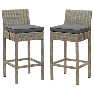 Modern Outdoor Patio Bar Stool Chair, Set of Two, Fabric Rattan, Dark Grey Gray