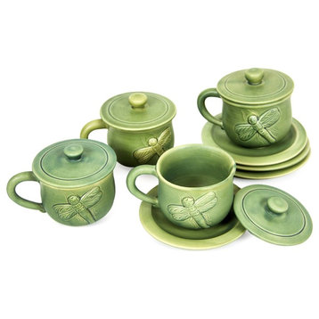 Handmade Dragonfly Myths  Ceramic cups and saucers (set for 4) - Indonesia
