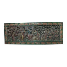 Mogul Interior - Consigned Headboard Radha Krishna Gopis Carved Solid Wood Wall Panels Furniture - Wall Accents