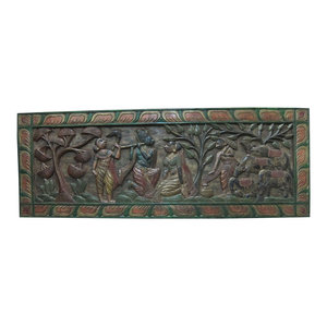 Mogul interior - Consigned Headboard Radha Krishna Gopis Carved Solid Wood Wall Panels Furniture - Wall Accents