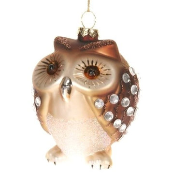 Adorable Little Brown Owl with Rhinestones Christmas Holiday Ornament Glass