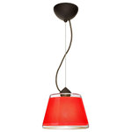 Besa Lighting - Besa Lighting Pica 9 - 8.7" 10W 1 LED Cord Pendant with Flat Canopy - Pica 9 is a compact tapered glass with a broad top and a radiused return at the bottom, its retro styling will gracefully blend into today's environments. The Blue Sand d�cor begins with a clear blown glass, with glossy outer finish. We then, using a handcrafting technique, carefully apply a band of actual fine-grained sand to the inner surface of the glass, where white color is fully saturated into the coating for a bold statement. A final clear protective coating is applied to seal and preserve the accent material. The result is a beautifully textured work of art, comfortable with the irony of sand being applied to a glass that ordinates from sand. When illuminated, the colors shimmers through the noticeable refractions created by every granule, as the sand patterning is obvious and pleasing. The cord pendant fixture is equipped with a 10' SVT cordset and an low profile flat monopoint canopy. These stylish and functional luminaries are offered in a beautiful brushed Bronze finish.  No. of Rods: 4  Canopy Included: TRUE  Shade Included: TRUE  Canopy Diameter: 5 x 0.63< Rod Length(s): 18.00  Dimable: TRUE  Color Temperature: 2  Lumens:   CRI: +  Rated Life: 0 HoursPica 9 8.7" 10W 1 LED Cord Pendant with Flat Canopy Bronze Red Sand Glass *UL Approved: YES *Energy Star Qualified: n/a  *ADA Certified: n/a  *Number of Lights: Lamp: 1-*Wattage:10w LED bulb(s) *Bulb Included:Yes *Bulb Type:LED *Finish Type:Bronze