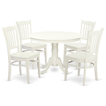 Traditional Dining Seat, Round Table With Pedestal Base & 4 Chairs, White