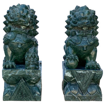 Pair Chinese Green Stone Fengshui Fortune Foo Dog Lion Display Figures Hws1642