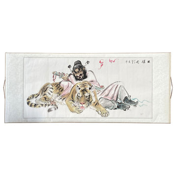 Chinese Color Ink Horizontal Tiger Fengshui Scroll Painting Wall Art, Hws2239