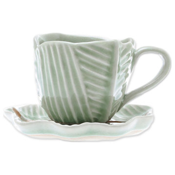 NOVICA Tea Leaf And Celadon Ceramic Teacup And Saucer
