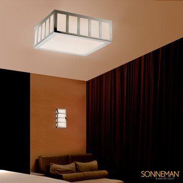 Capital Square Flush Mount and Capital Wall Sconce in Bedroom