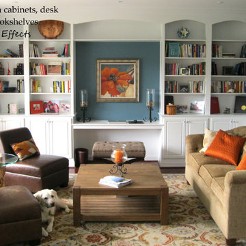 Built in desk, cabinets, and bookshelves.