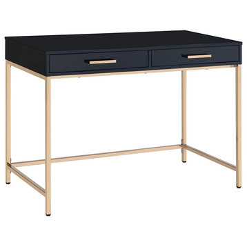 Modern Desk, Gold Painted Frame and Black Top With 2 Storage Drawers