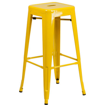 30" High Backless Yellow Metal Indoor-Outdoor Barstool With Square Seat