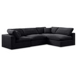 Meridian Furniture - Comfy Upholstered L-Shaped Modular Sectional, Black, 4-Piece: 2 Armless Chair, 2 Corner Chair, Velvet - Give your space a whole new look with this black Comfy velvet sectional. This handsome sectional fits nicely with other items in the Comfy collection and is a versatile seating option designed for adaptability, comfort and style. Wrapped in rich black durable velvet upholstery, this sectional offers a plush embrace of overstuffed down feather cushions, carefully crafted to deliver the highest level of comfort. The perfect seat for creating an oasis for relaxation, this sectional has thick foam surrounding its frame for added support and coziness.