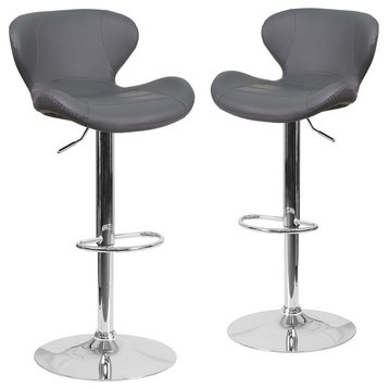 Contemporary Gray Vinyl Adjustable Height Barstools With Chrome Base, Set of 2