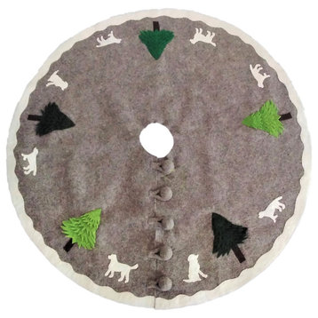 Cream Dogs and Green Trees Christmas Tree Skirt on Gray in Hand Felted Wool - 60