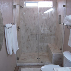 Seamless Corian Witch Hazel Shower with Custom Bench Seat - Showerheads And Body Sprays