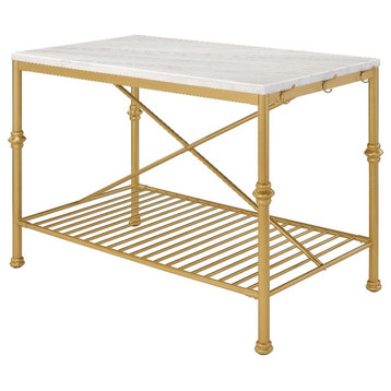 Furniture of America Froy Marble Top Kitchen Island in Gold and White