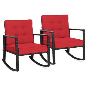 Costway 2PCS Patio Rattan Rocker Chair Outdoor Glider Rocking Chair Cushion Red