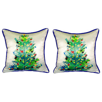 Pair of Betsy Drake Christmas Tree Small Outdoor/Indoor Pillows 12 In. X 12 In.