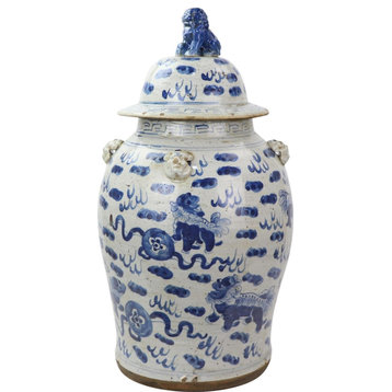Temple Jar Vase Vintage Lion Small White Blue Ceramic Hand-Crafted