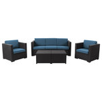 CorLiving - CorLiving 5-Pc Resin Wicker Outdoor Patio Sofa Set w Cushions, Black and Blue - Transform your outdoor space with the CorLiving Lake Front 5-Piece All-Weather Patio Set with Cushions. This beautiful patio set is perfect for enjoying the sunshine and entertaining guests in style. Made with durable wicker and featuring comfortable cushions, this set is ideal for any backyard or front porch. This patio furniture set offers incredible value for a high-quality wicker patio furniture set. The 4-piece patio furniture set provides ample seating for you and your guests to relax and enjoy the great outdoors. Whether you're looking for backyard furniture or porch furniture set, this versatile conversation sets patio furniture has you covered. Crafted with attention to detail, this wicker outdoor furniture set brings sophistication and comfort to any outdoor setting. The patio couch set is both inviting and cozy, making it easy to create a welcoming atmosphere in your back yard or front porch. Don't miss out on this amazing opportunity to upgrade your outdoor living space with the CorLiving Lake Front 5-Piece All-Weather Patio Set with Cushions. Invest in a durable, stylish, and comfortable conversation patio furniture set that will enhance your outdoor living experience. The Resin patio furniture is built to last and withstand the elements, making it a smart choice for anyone looking for affordable, high-quality outside furniture. Treat yourself to the luxury of an outdoor wicker furniture set without breaking the bank!