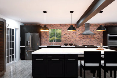 Eat-in kitchen - large industrial galley gray floor, exposed beam and porcelain tile eat-in kitchen idea in Miami with a single-bowl sink, shaker cabinets, black cabinets, quartz countertops, red backsplash, brick backsplash, stainless steel appliances, an island and white countertops