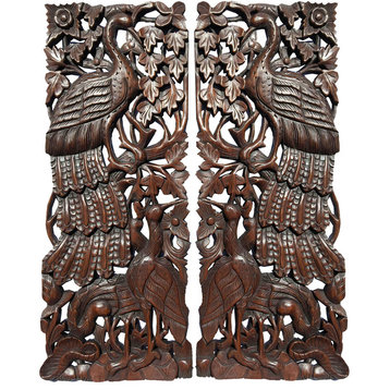 Peacock Carved Wood Wall Panel Decor. Tropical Home Decor