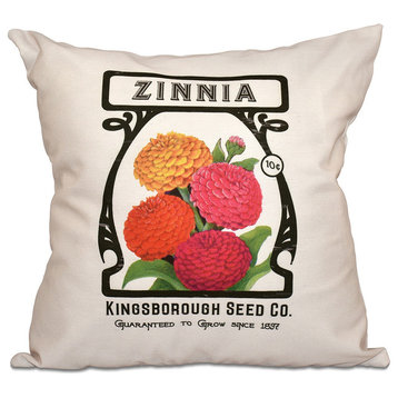 Zinnia, Floral Print Pillow, Cream (Ivory), 20"x20"