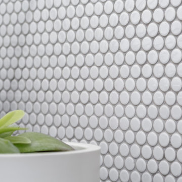 Master Bathroom with Bamboo Cabinet and Penny Tiles