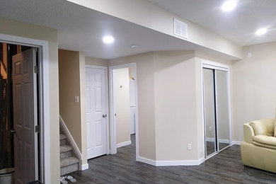 Small trendy vinyl floor and beige floor basement photo in Edmonton