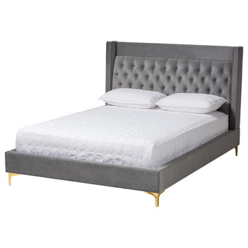 Breana Contemporary Dark Gray Velvet Fabric Queen Platform Bed With Gold Legs